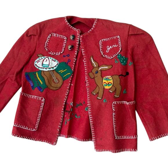 Vintage 1940s Mexican Hand Embroidered Red Wool Jacket | kids 7 year old - - Picture 5 of 5
